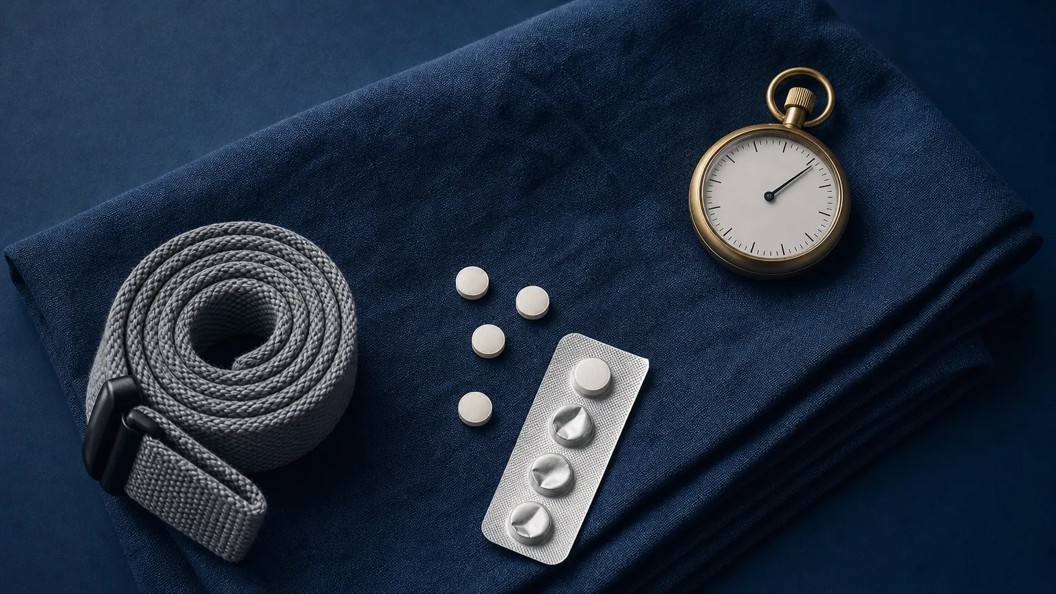Tabletten, Zughilfe und Stoppuhr auf dunkelblauem Leinen – Turinabol Wirkung im Bodybuilding