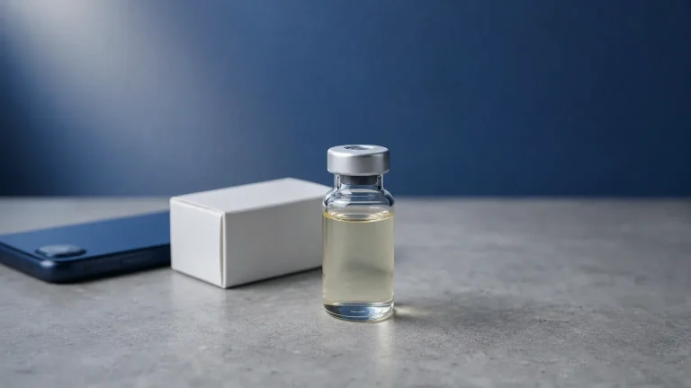 Glasfläschchen mit Öl neben einem neutralen Paket und einem Smartphone – wo man Steroide kaufen kann: Quellen im Vergleich