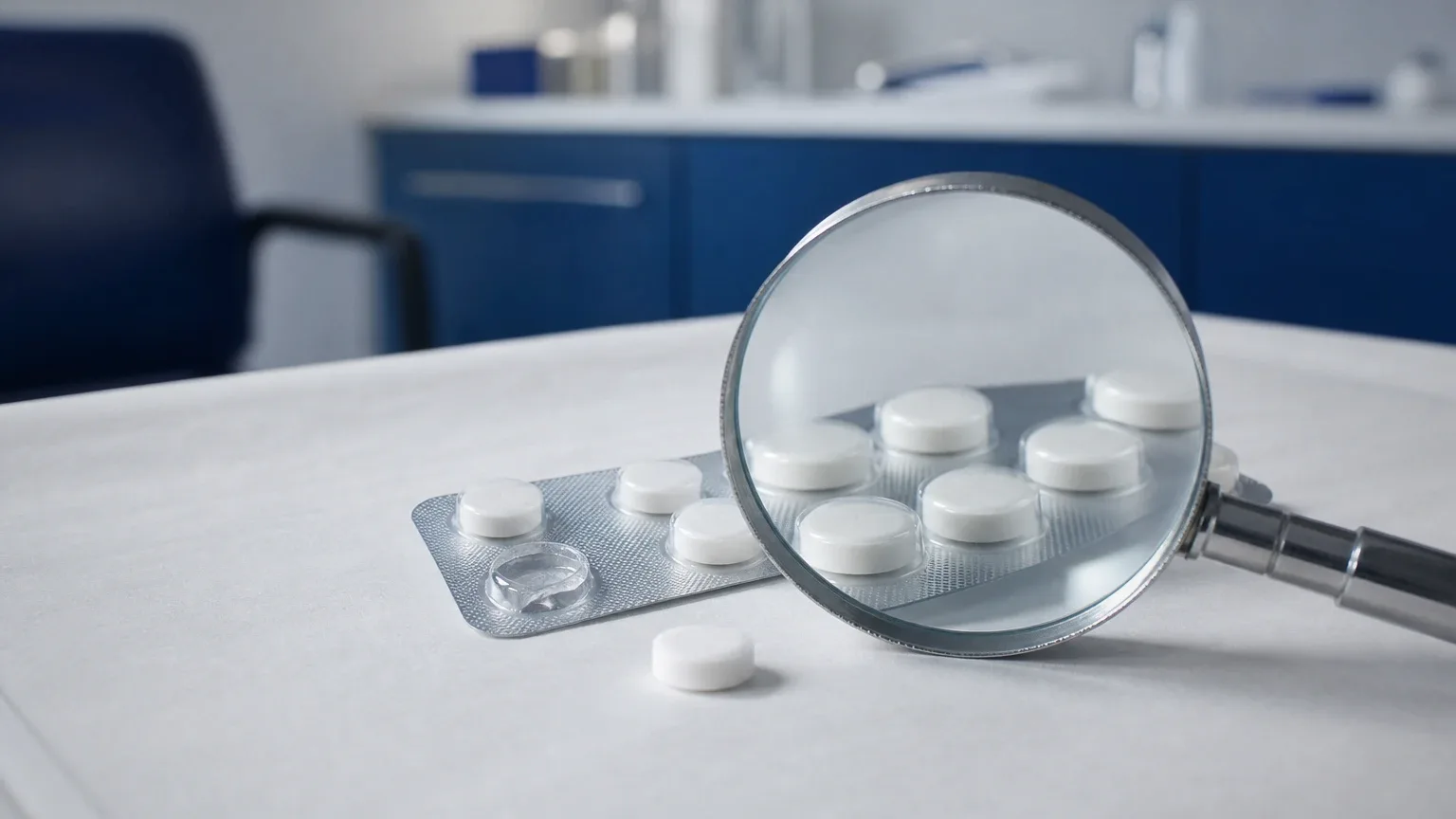 Blisterstreifen mit weißen Tabletten unter einer Lupe auf einem Untersuchungstisch – Tamoxifen-Generikum in der PCT
